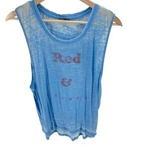 Express Women's Sleeveless Red Stars Graphic Tank Top Faded Light Blue Large